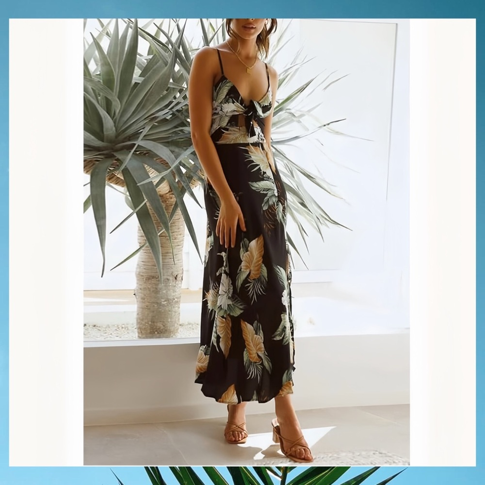 🌻 Fashionme Tropical Satin Midi Dress - Size Small